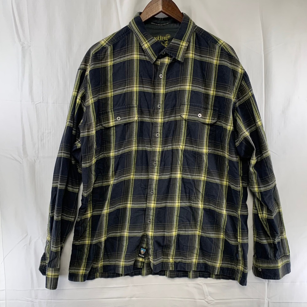 Kuhl Button Up Shirt Mens XXL Navy Yellow Plaid Cotton Merino Wool Blend